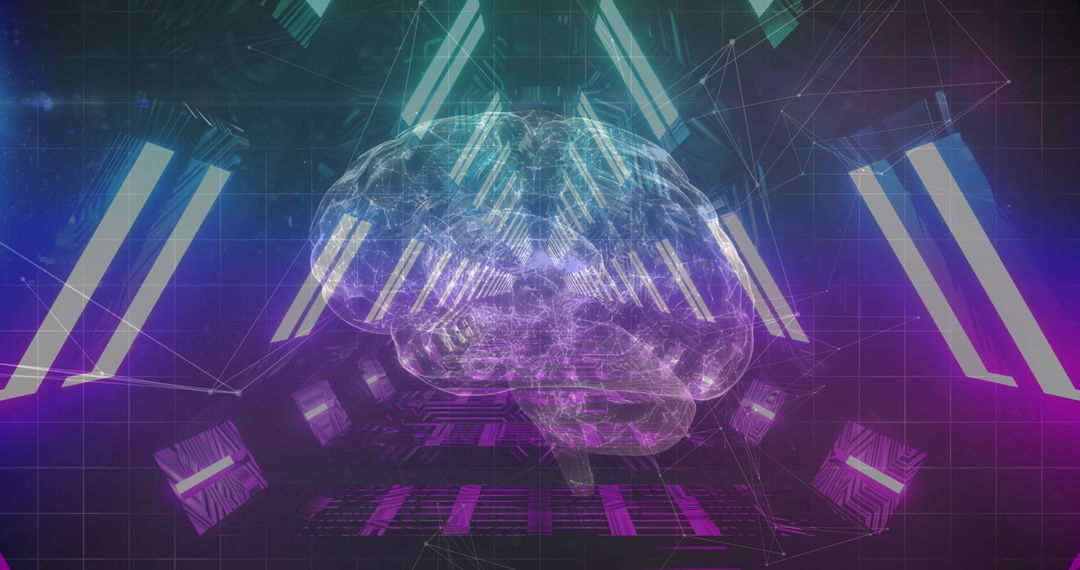 Digital Brain Network in Neon Glowing Tunnel for Scientific Concept