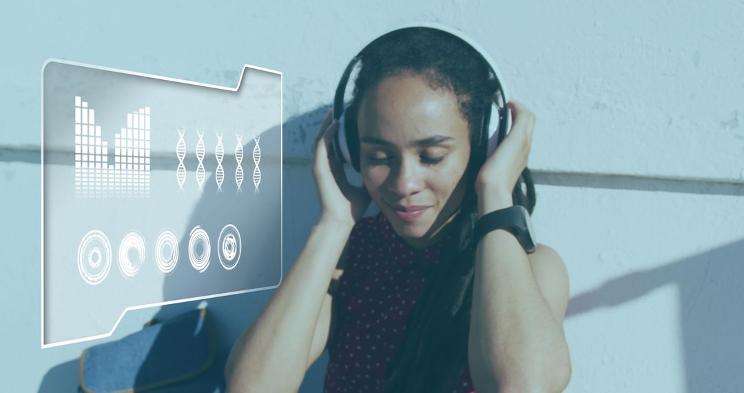 Woman Exercising with Headphones and Digital Data Visualization