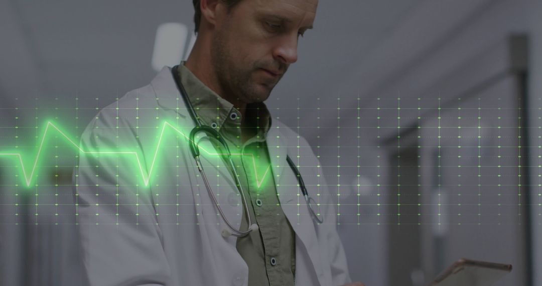 Doctor Analyzing Patient Records with Heartbeat Graph Overlay