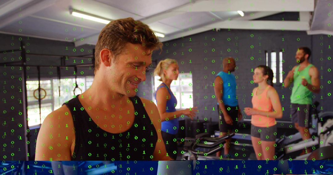 Smiling Man Chatting in Gym Group Workout with Green Binary Digital Overlay and Rings Rig