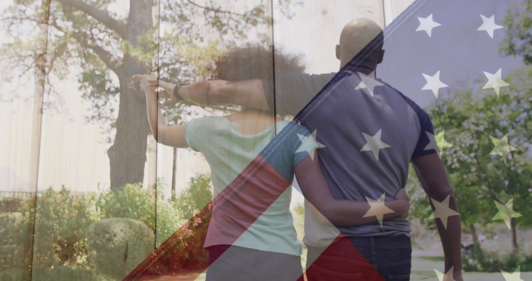 Romantic Couple Walking in Park with American Flag Overlay