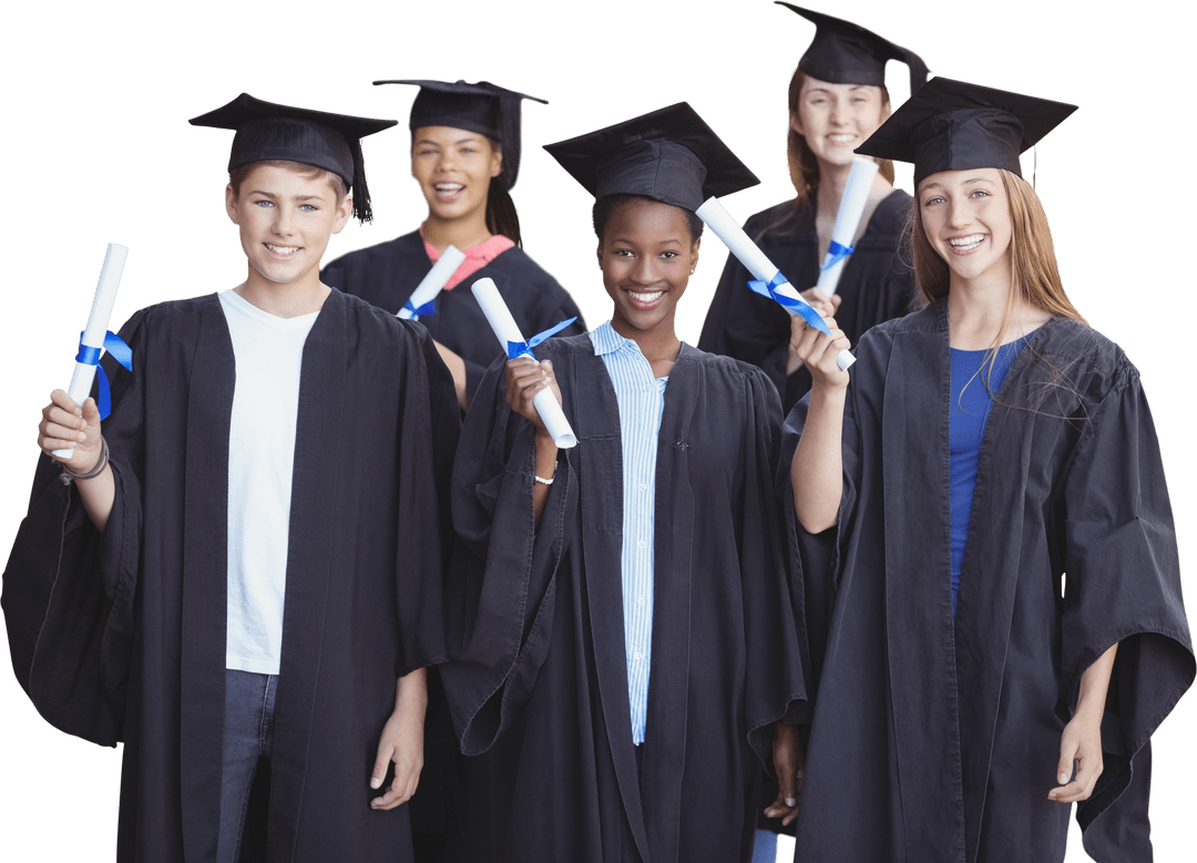 Diverse Group of Graduate Students Celebrating in Black Caps and Gowns Transparent Background