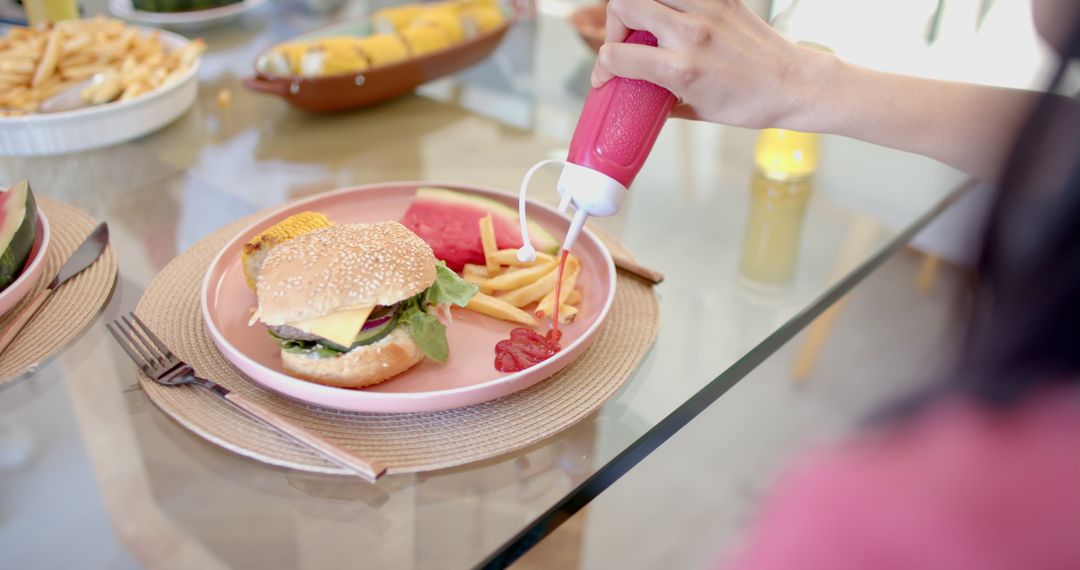 Enjoying Burger and Fries with Friends Dining Together