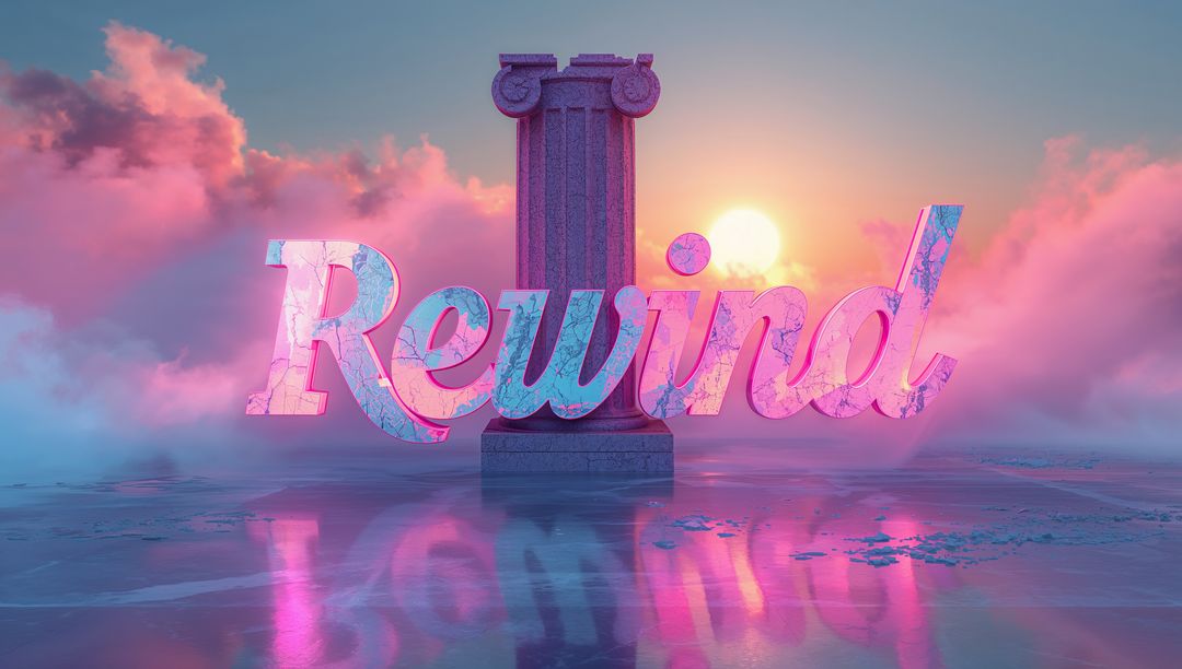 Rewind marble lettering glowing at sunset with Ionic column reflecting on wet surface