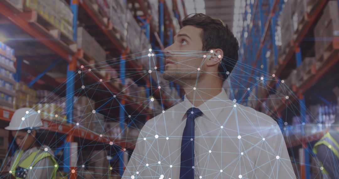 Supply Chain Manager Inspecting High Shelving and Inventory with Digital Network Overlay