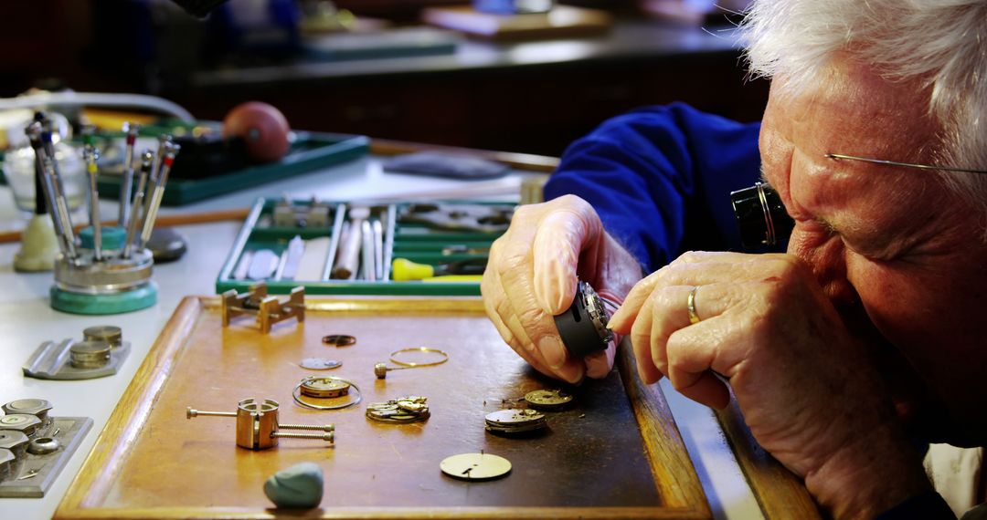 Senior Watchmaker Carefully Repairing Watch at Workshop - Free Images, Stock Photos and Pictures on Pikwizard.com