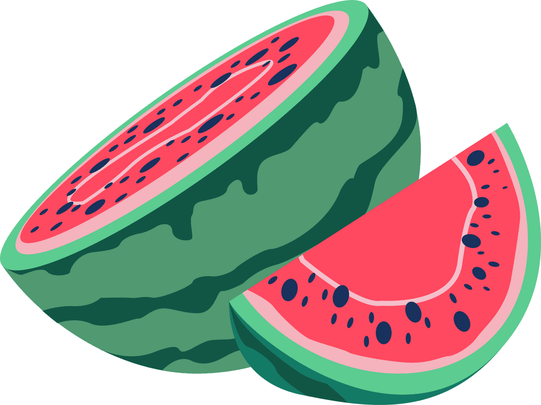 Stylized Watermelon Halved with Wedge on Transparent Background
