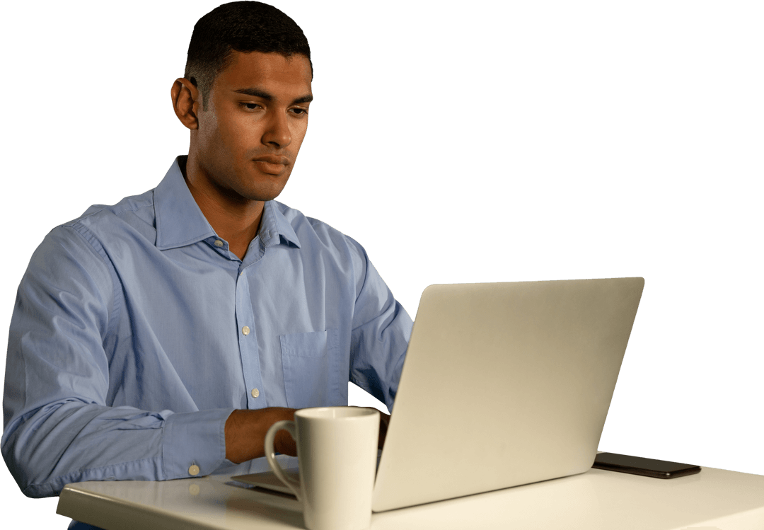 Biracial Businessman Working on Laptop with Transparent Background