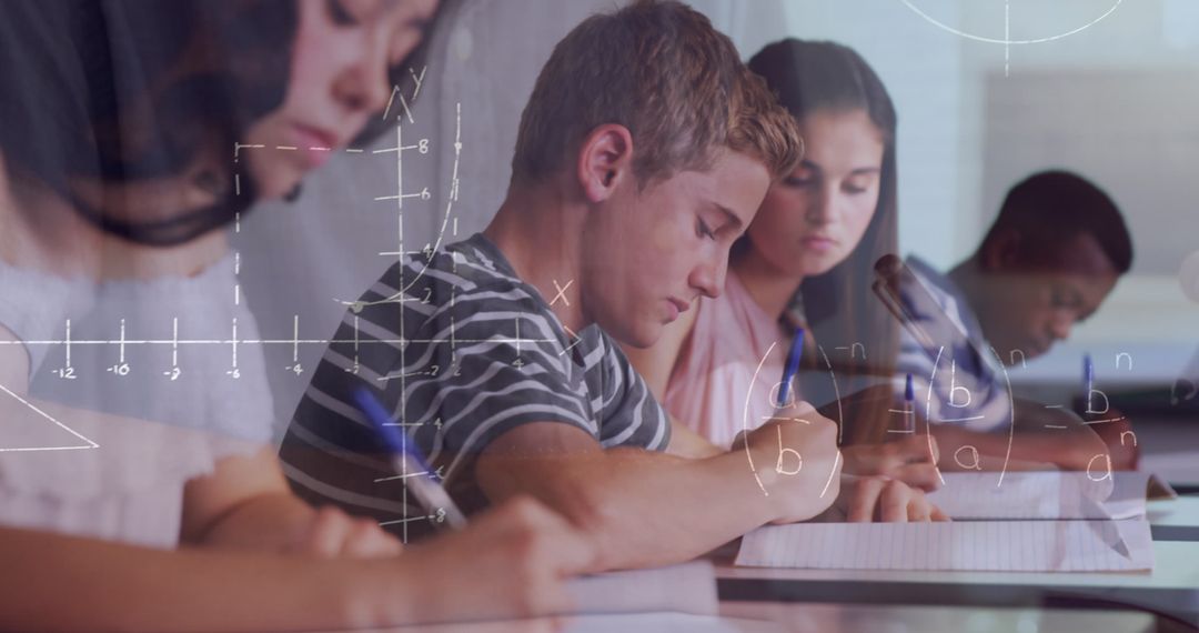 Focused Students Writing in Classroom with Math Equations Overlay