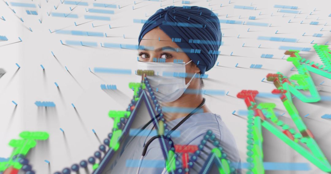 Standing Clinician Wearing Mask and Turban with Genomic Data Visualization Overlay