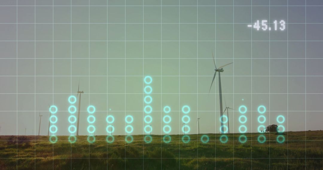 Wind Turbines with Overlaid Digital Data Grid Over Grassy Landscape