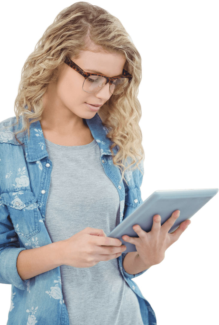 Woman with Glasses Using Tablet Isolated Transparent Background