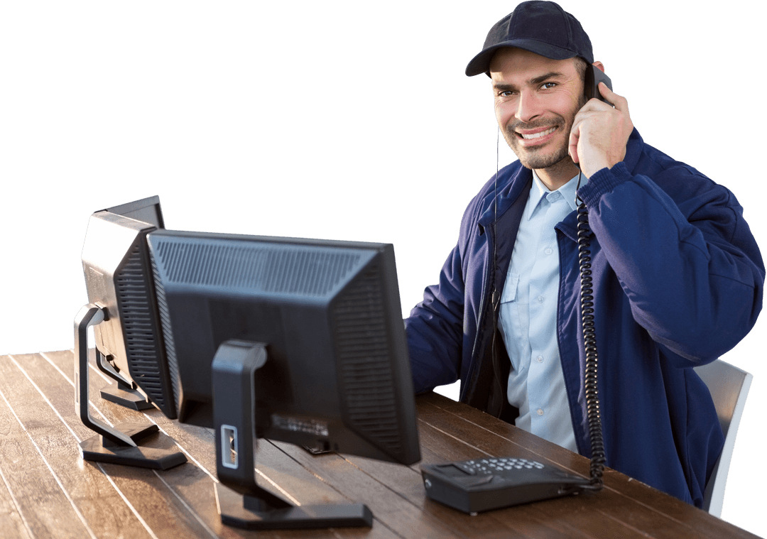 Transparent Image of Security Officer Using Phone at Desk
