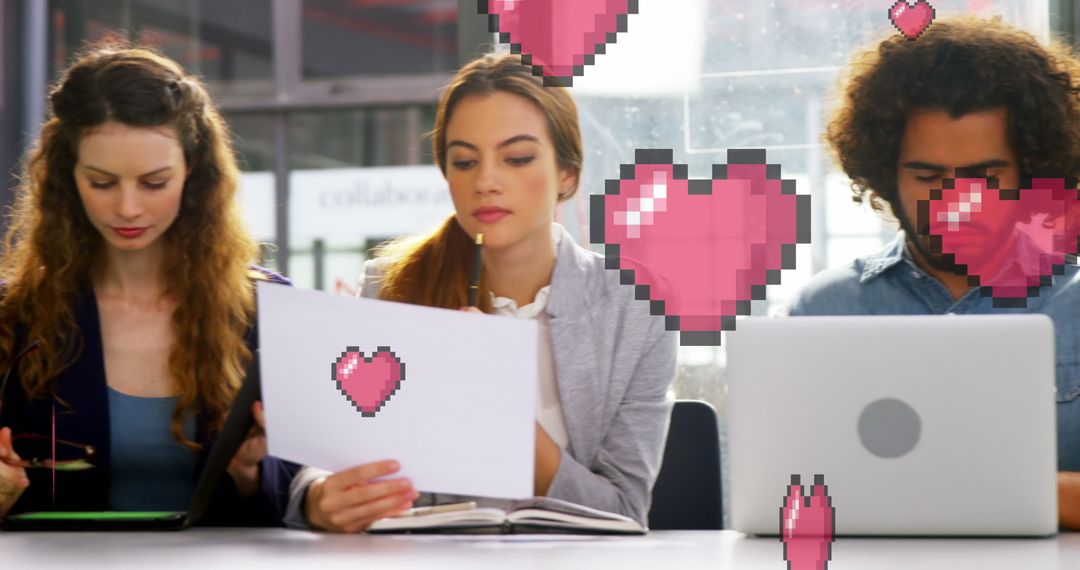 Diverse Business Team with Digital Hearts Symbolizing Collaboration and Innovation