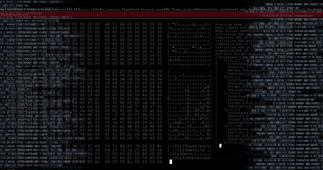 Binary Data Stream and Code with Cursor on Black Background