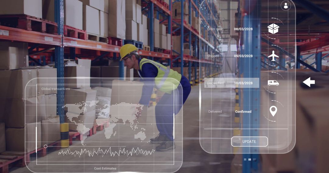 Warehouse Worker Lifting Box with Augmented Reality Interface