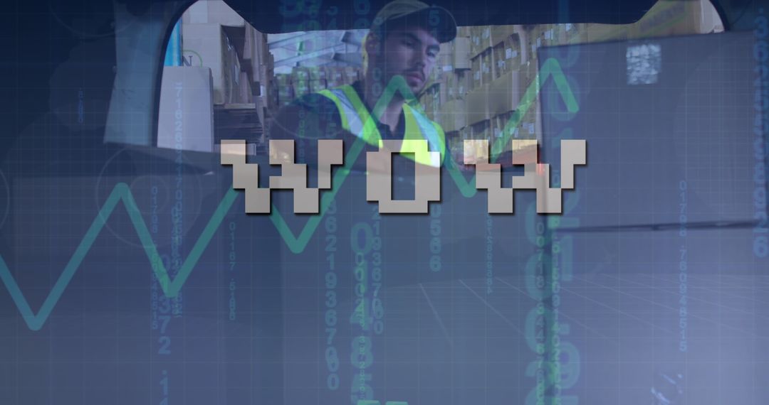 Warehouse Worker with Digital Finance Graphics
