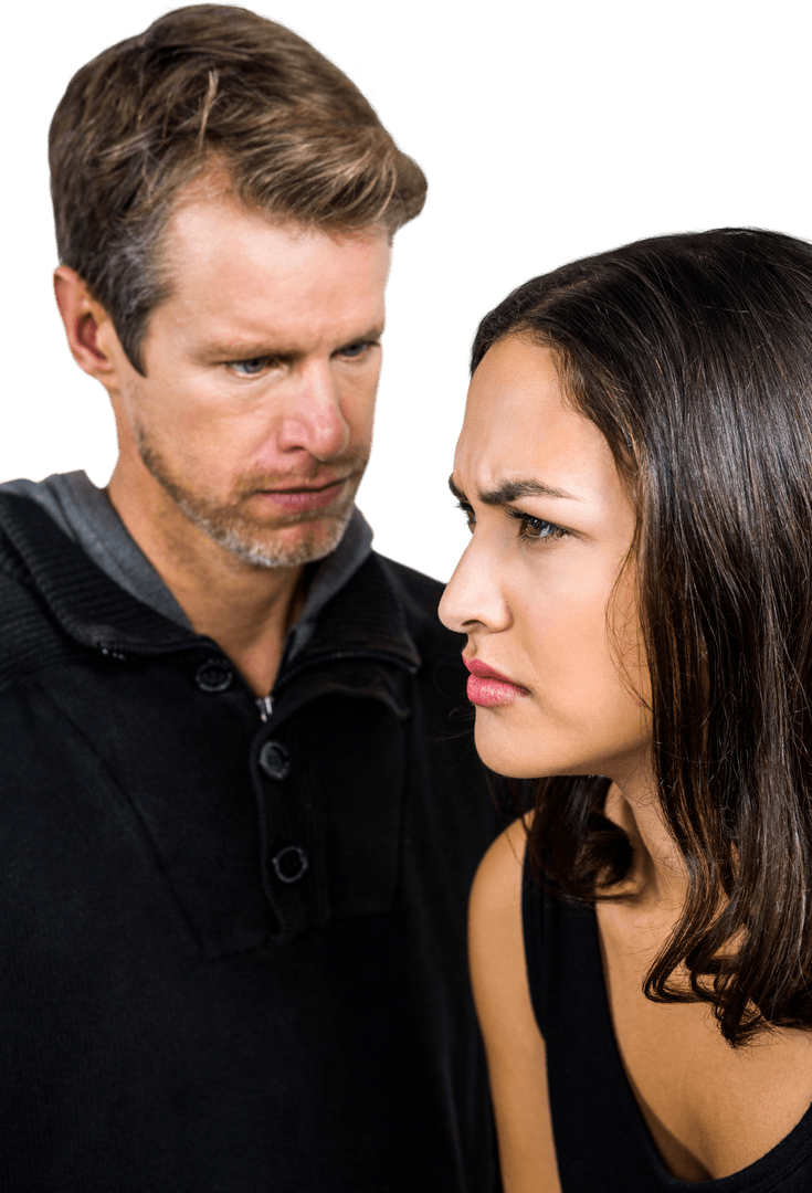 Transparent couple argues intensely with serious expressions