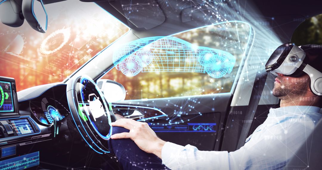 Businessman in Autonomous Vehicle with VR Headset and Holographic Interface