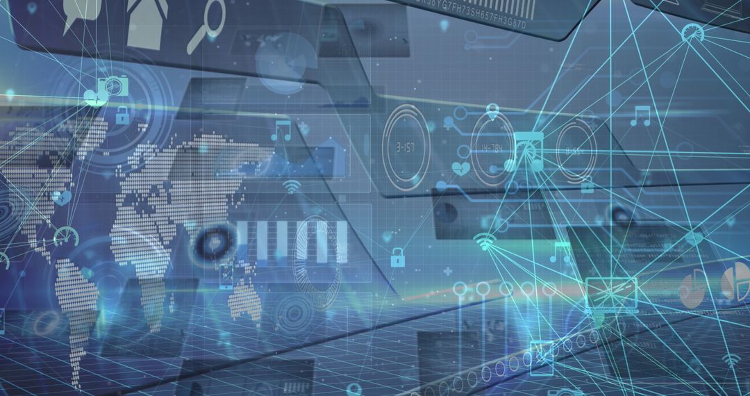 Global Network Connections and Data Processing Interface with Technology Icons