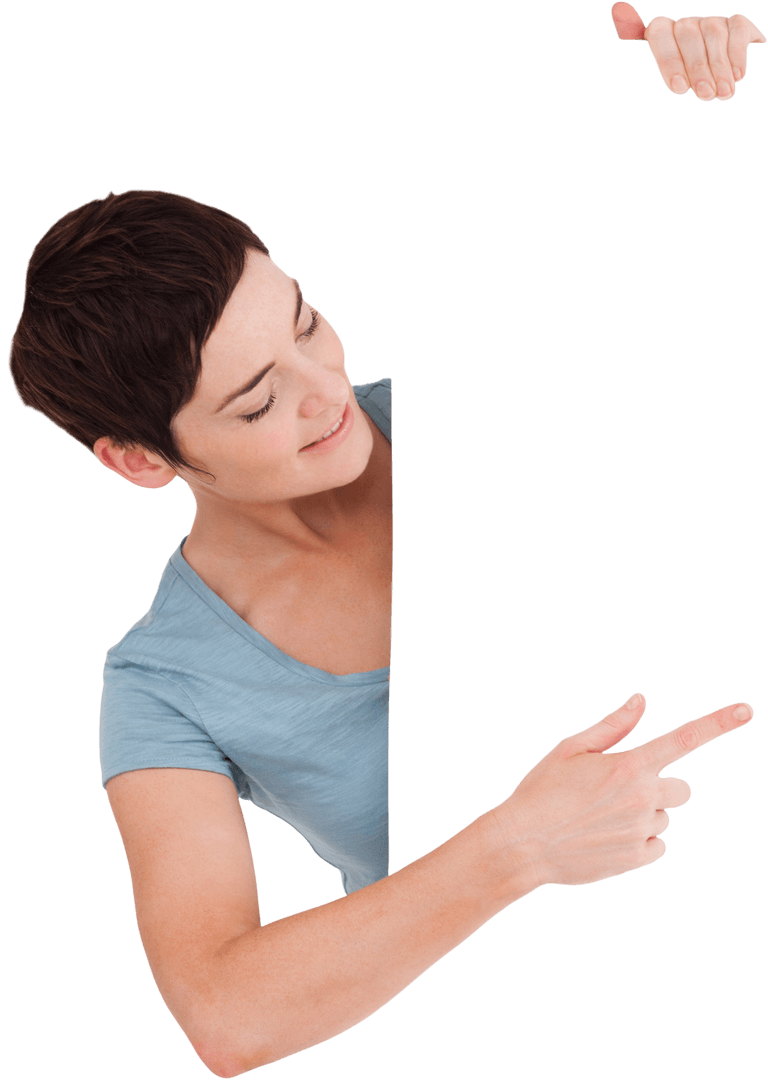 Transparent Background Friendly Woman Pointing to Blank Card