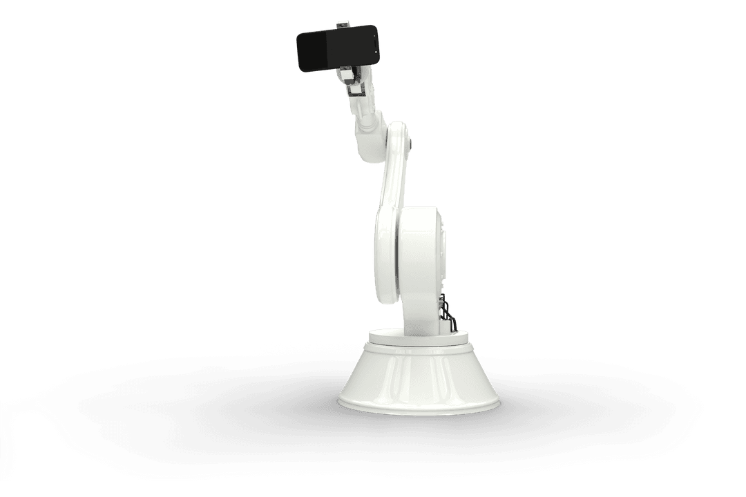 Transparent Robotic Arm Holding Smartphone for Versatile Tech Innovation