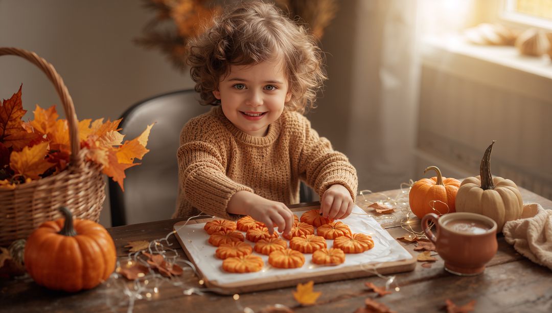 Smiling toddler arranging pumpkin cookies on autumn kitchen table with warm sunlight
