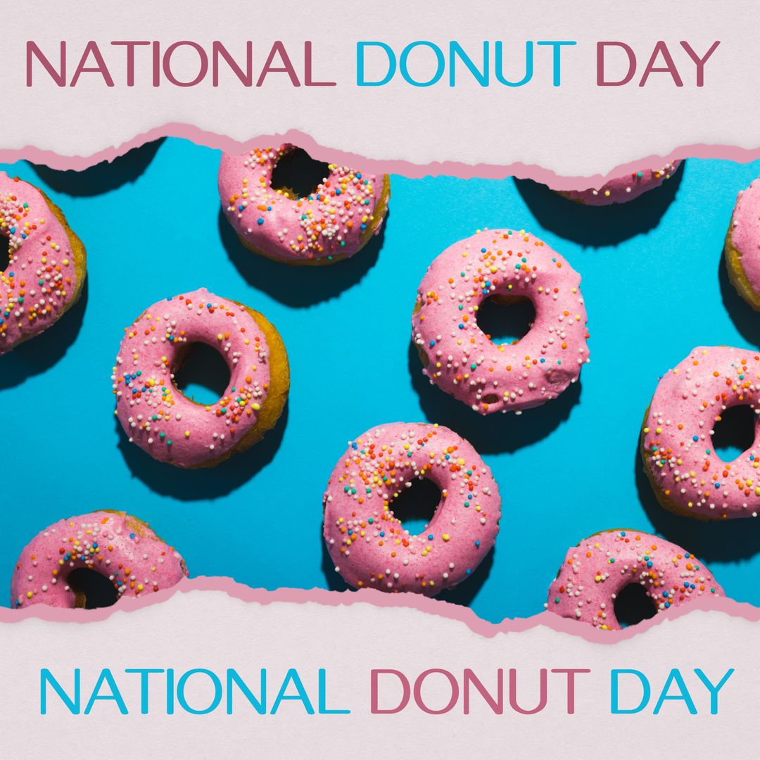 National Donut Day Celebration with Pink Frosted Donuts on Blue Background - Download Free Stock Templates Pikwizard.com