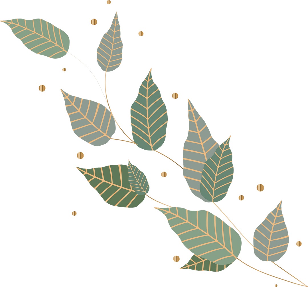 Elegant Stylized Branch With Gold Veined Leaves on Transparent Background