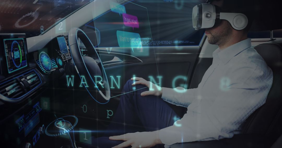 Man Using VR Headset in Self-Driving Car with Digital Interfaces
