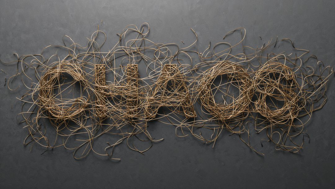 Coiled Straw Twine Forming CHAOS Lettering with Loose Strands on Dark Slate Surface