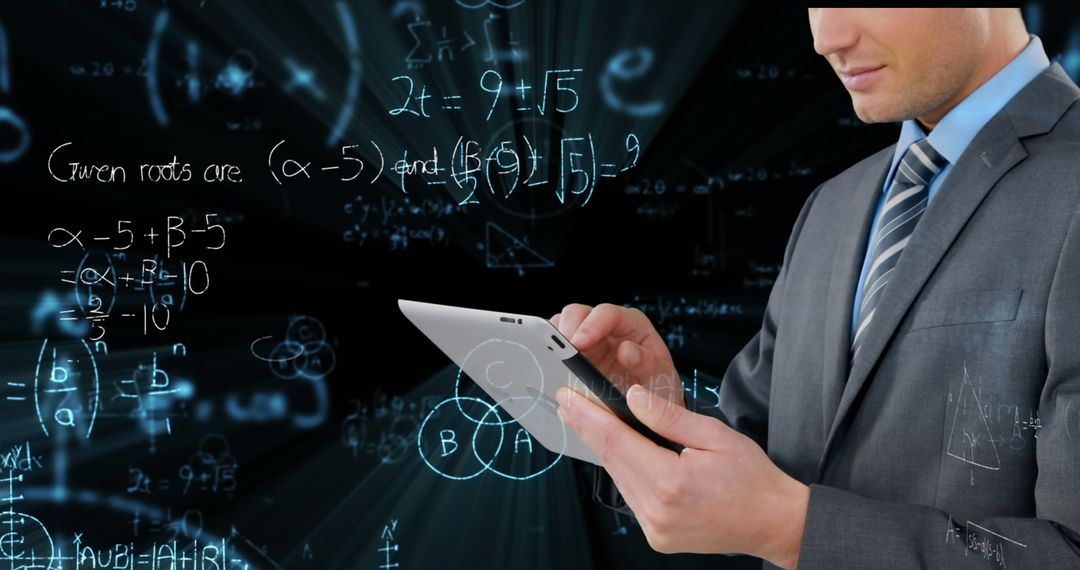 Businessman Analyzing Data with Digital Math Interface