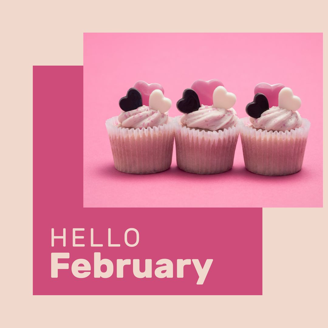 Three Cupcakes with Heart Decorations on Pink Background February Greeting - Download Free Stock Templates Pikwizard.com