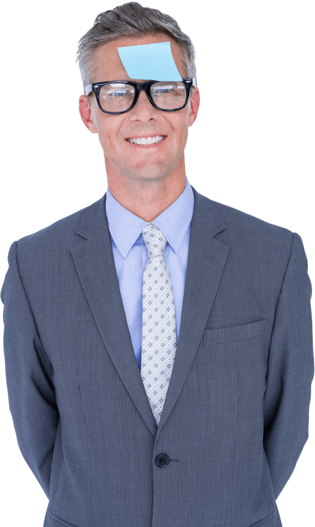 Smiling Businessman With Transparent Sticky Note on Forehead