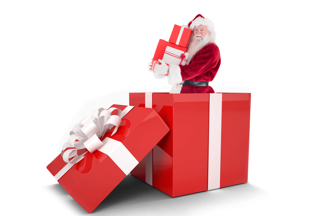 Santa Claus presents holiday gifts from giant red box on transparent background