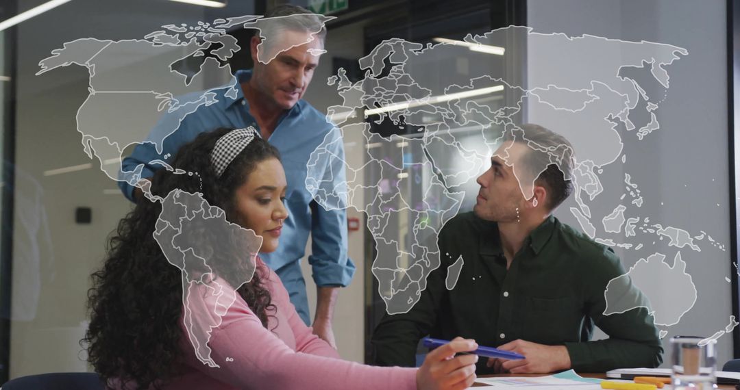 Global Collaboration Team with Transparent World Map Overlay