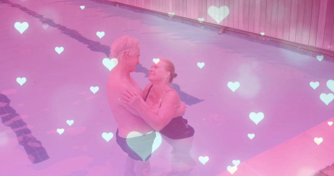 Senior Couple Embracing in Pool, Surrounded by Romantic Heart Graphics