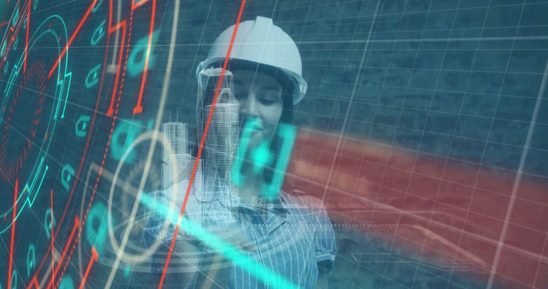 Female Engineer Analyzing Holographic Data Overlay