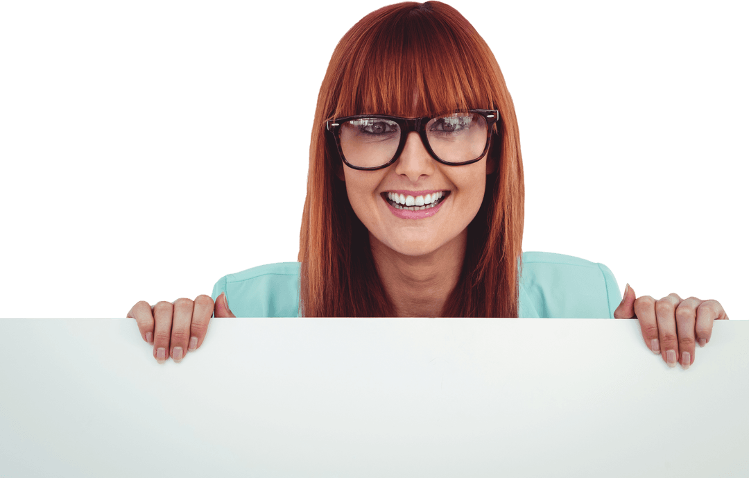 Smiling Hipster Woman With Glasses Behind Transparent White Card