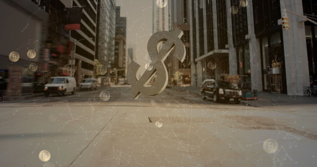 Symbolic Fall of Dollar Among Rising Bitcoin in Urban Landscape