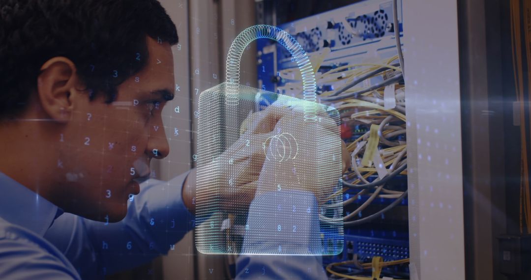 Robust Cybersecurity Technician Handling Server Cables