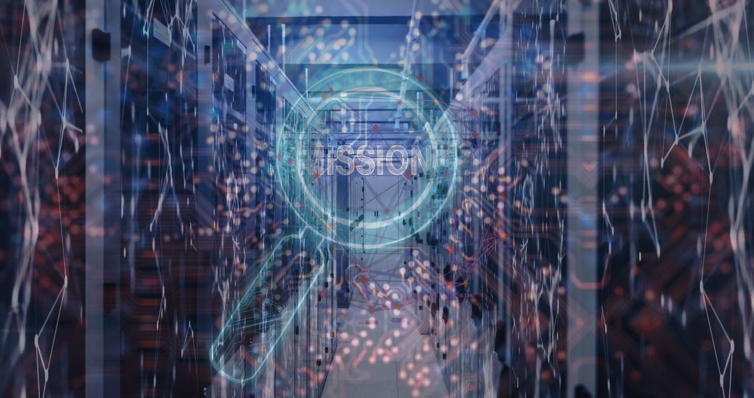 Digital Mission Concept with Servers and Magnifying Glass