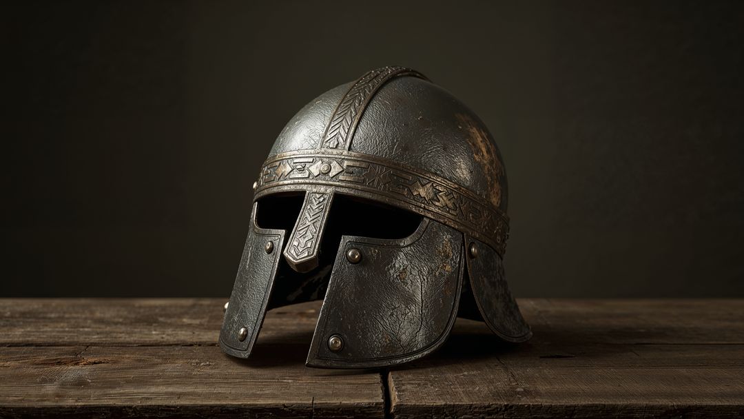 Medieval Iron Helmet with Engraved Bands and Rivets on Wooden Table