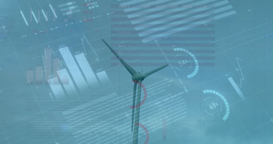 Wind Turbine with Data Overlay signifies Renewable Energy Trends