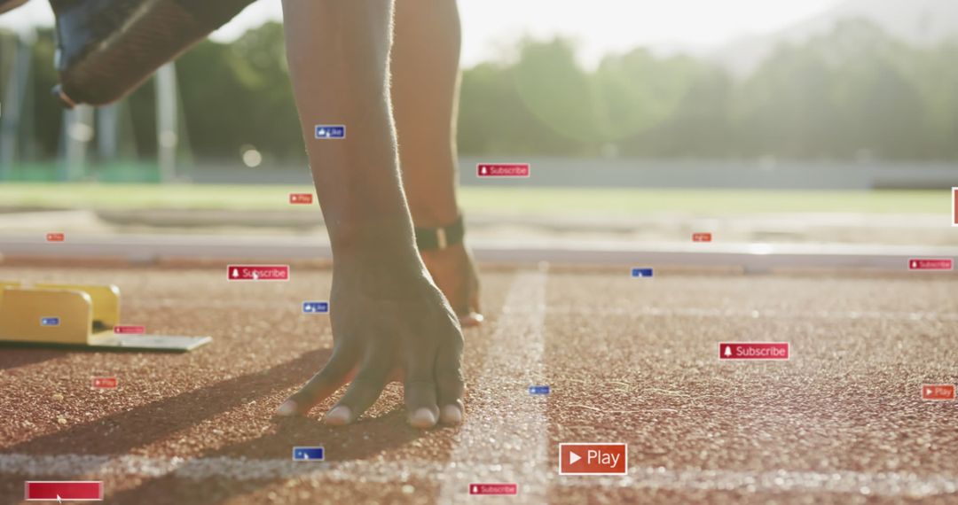 Athlete at Starting Line with Social Media Icons Overlay