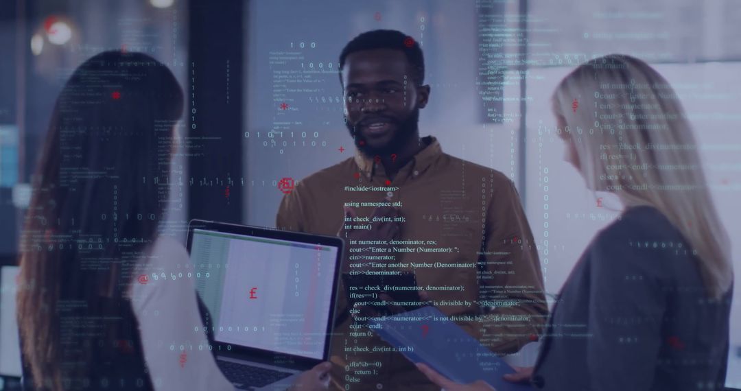 Collaborative Team Discussing Technology Solutions in Modern Office