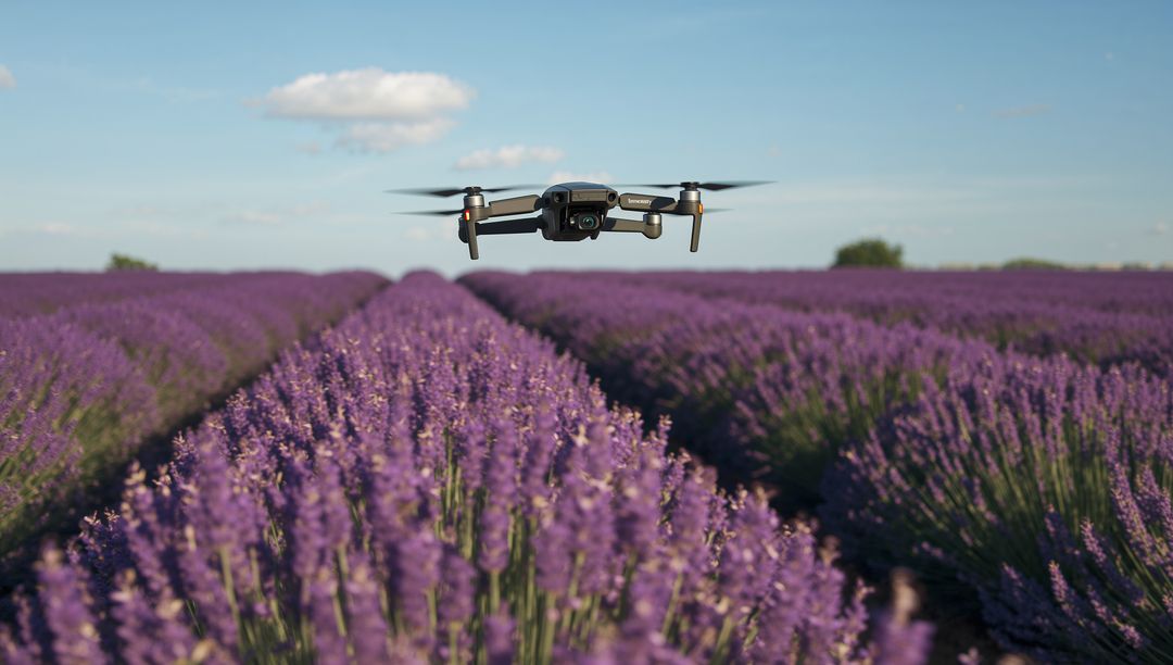 Hovering Drone Over Lavender Field at Golden Hour Showing Gimbal and Spinning Propellers