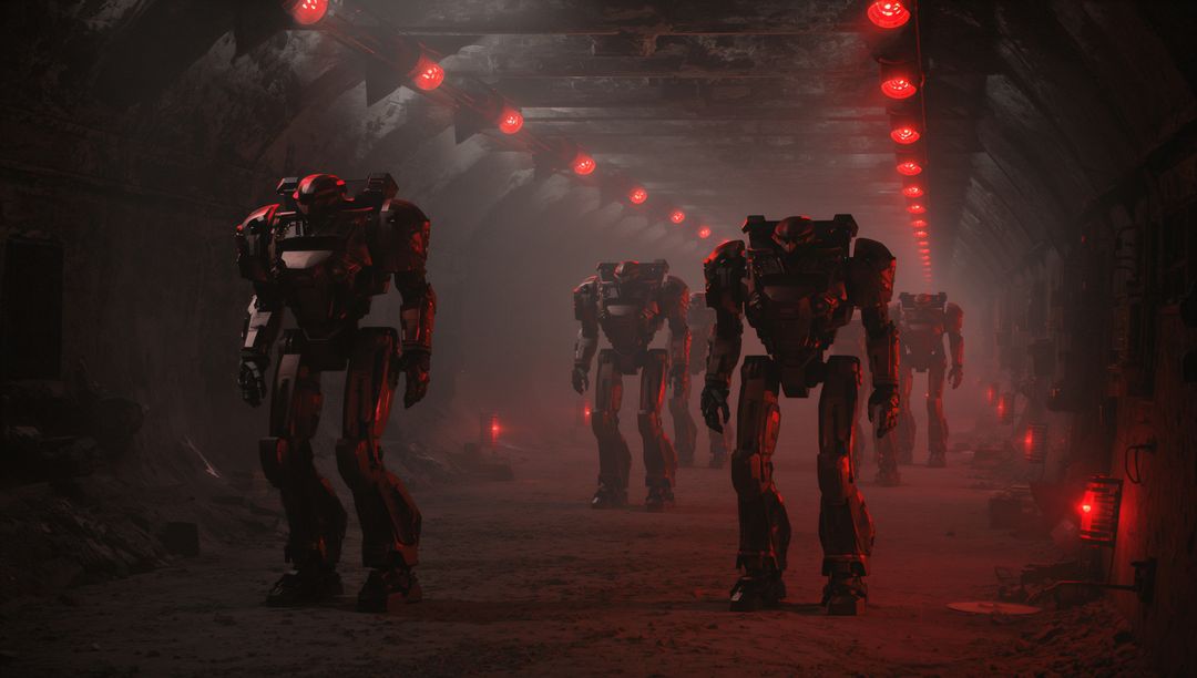 Armored Humanoid Robots Marching in Tunnel with Red Lighting