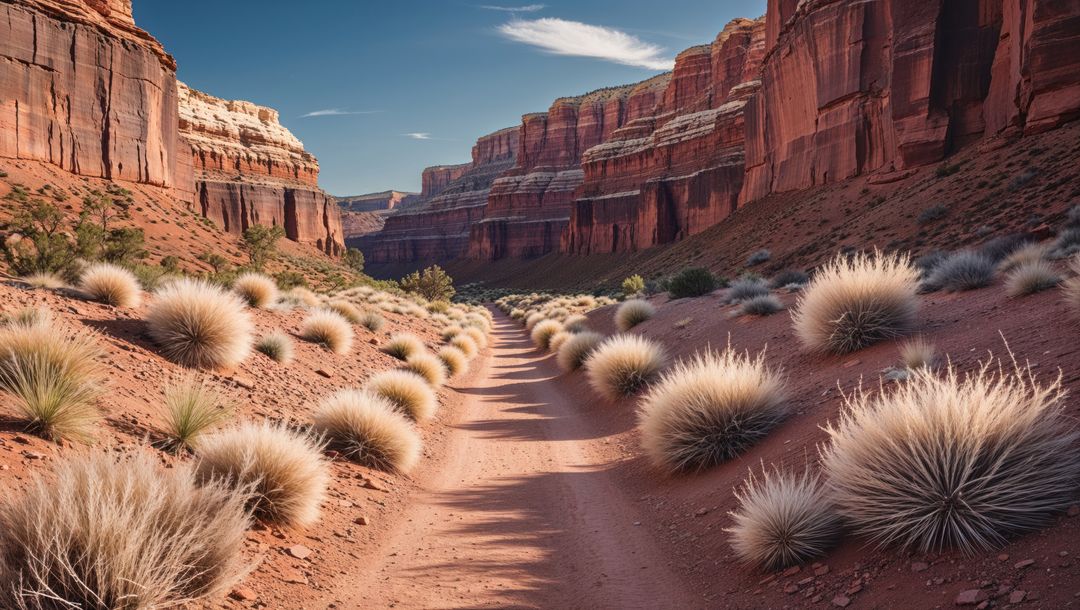 Scenic desert path with tumbleweed through sandstone canyon