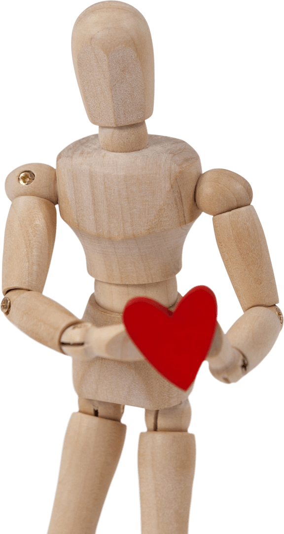 3D Wooden Mannequin Holding Red Heart Sign on Transparent Background